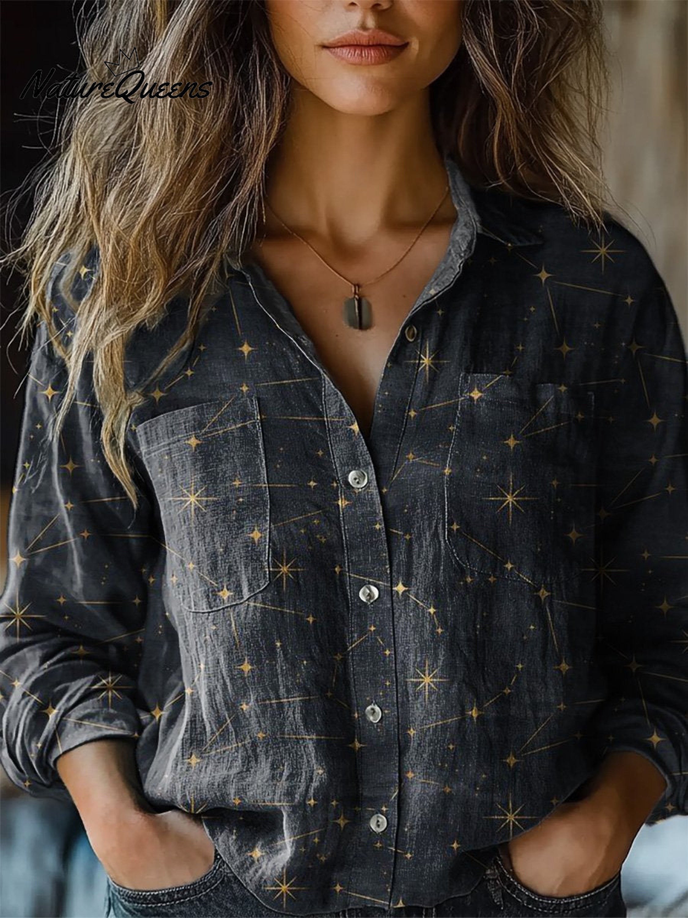 Chloe | Night Sky And Star Pattern Printed Women's Casual Long Sleeve Comfortable Cotton Shirt