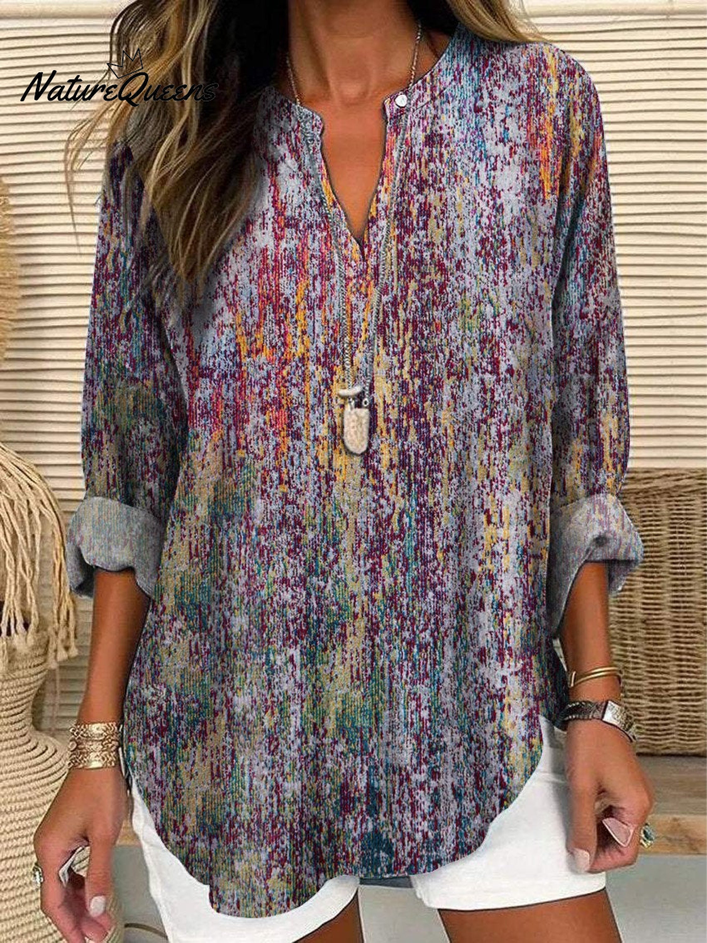 Jean | Women's Retro Art Print Casual Linen V-neck Shirt