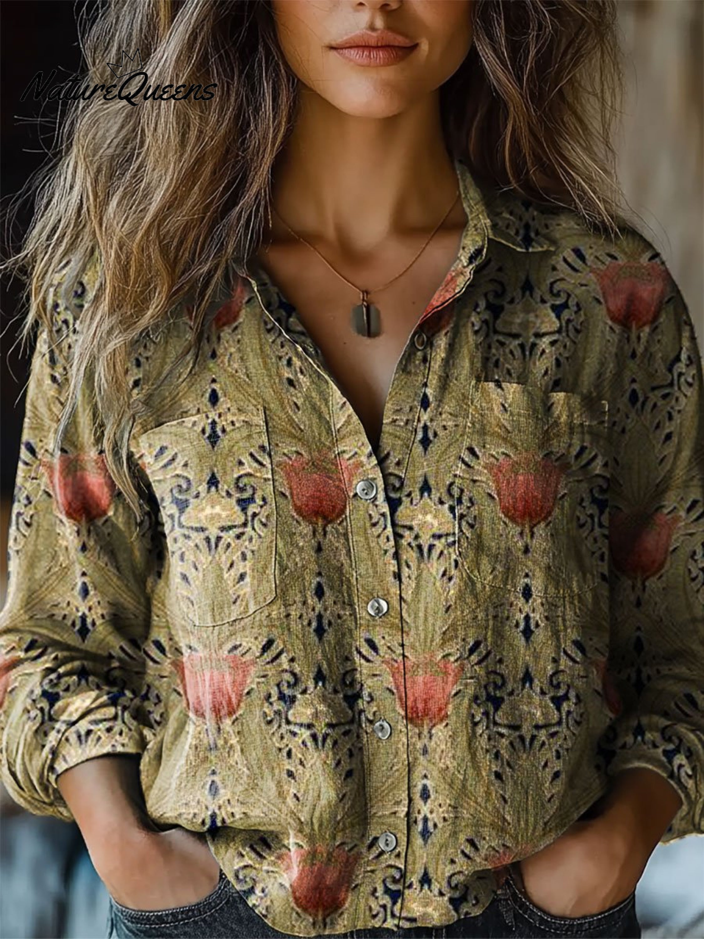 Nova | Women's Vintage Art Print Casual Long Sleeve Comfortable Cotton Shirt