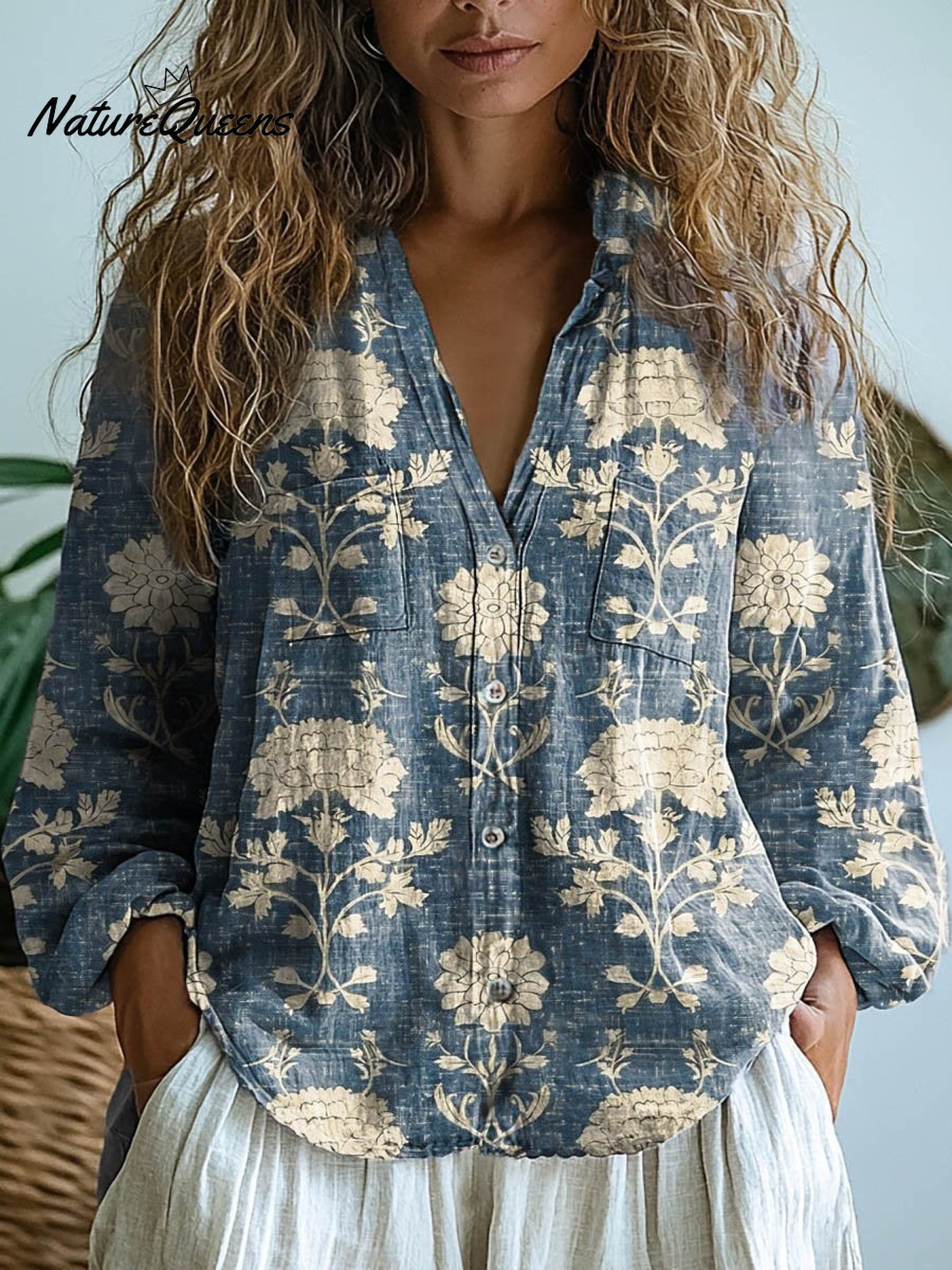 Brenda | Women's Vintage Lovely Floral Art Print Casual Long Sleeve Comfortable Cotton Shirt