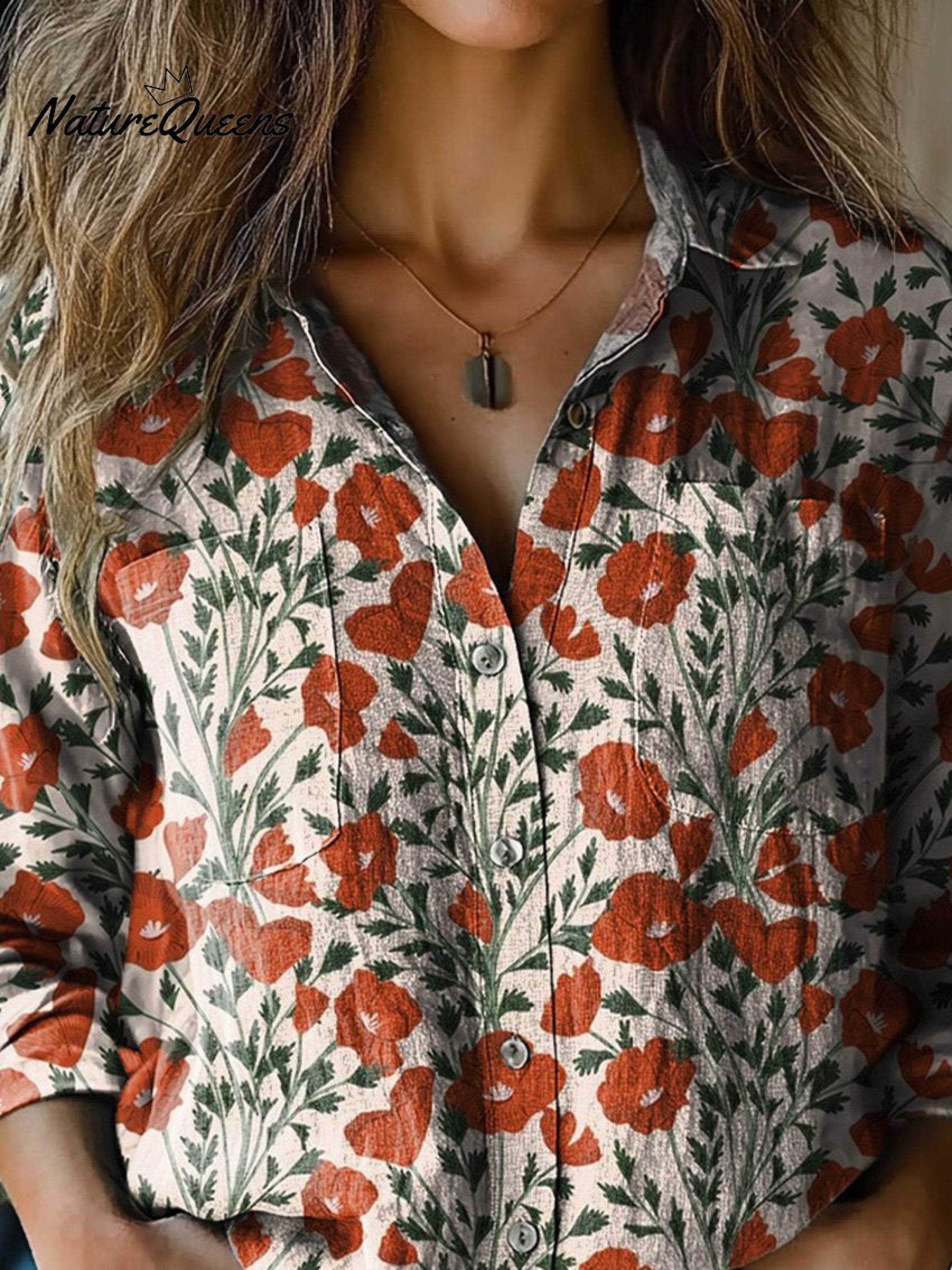 Martha | Summer Poppy Floral Pattern Printed Women's Casual Long Sleeve Comfortable Cotton Shirt