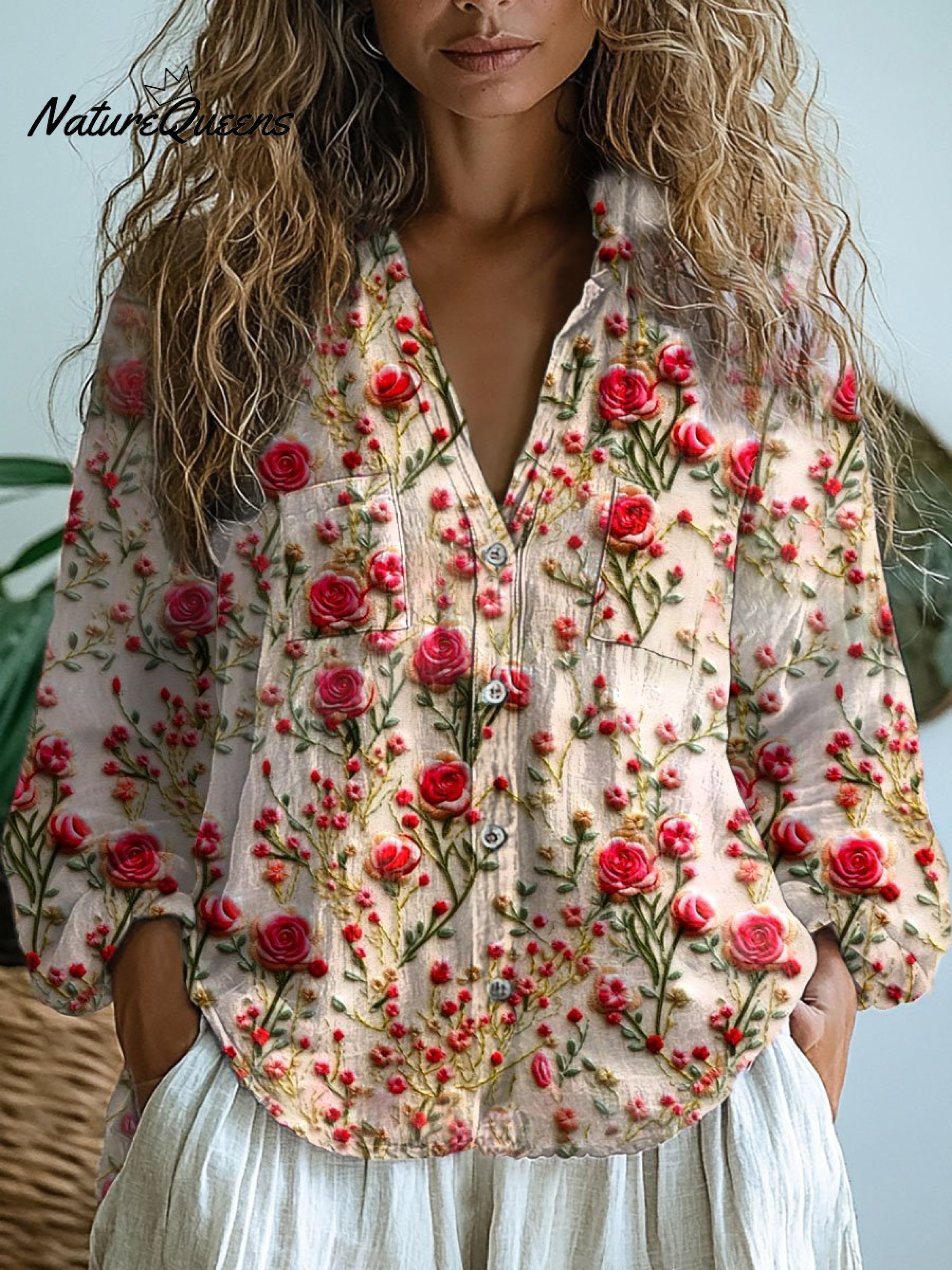Shirley | Women's Retro Floral Art Print Casual Long Sleeve Comfortable Cotton Shirt