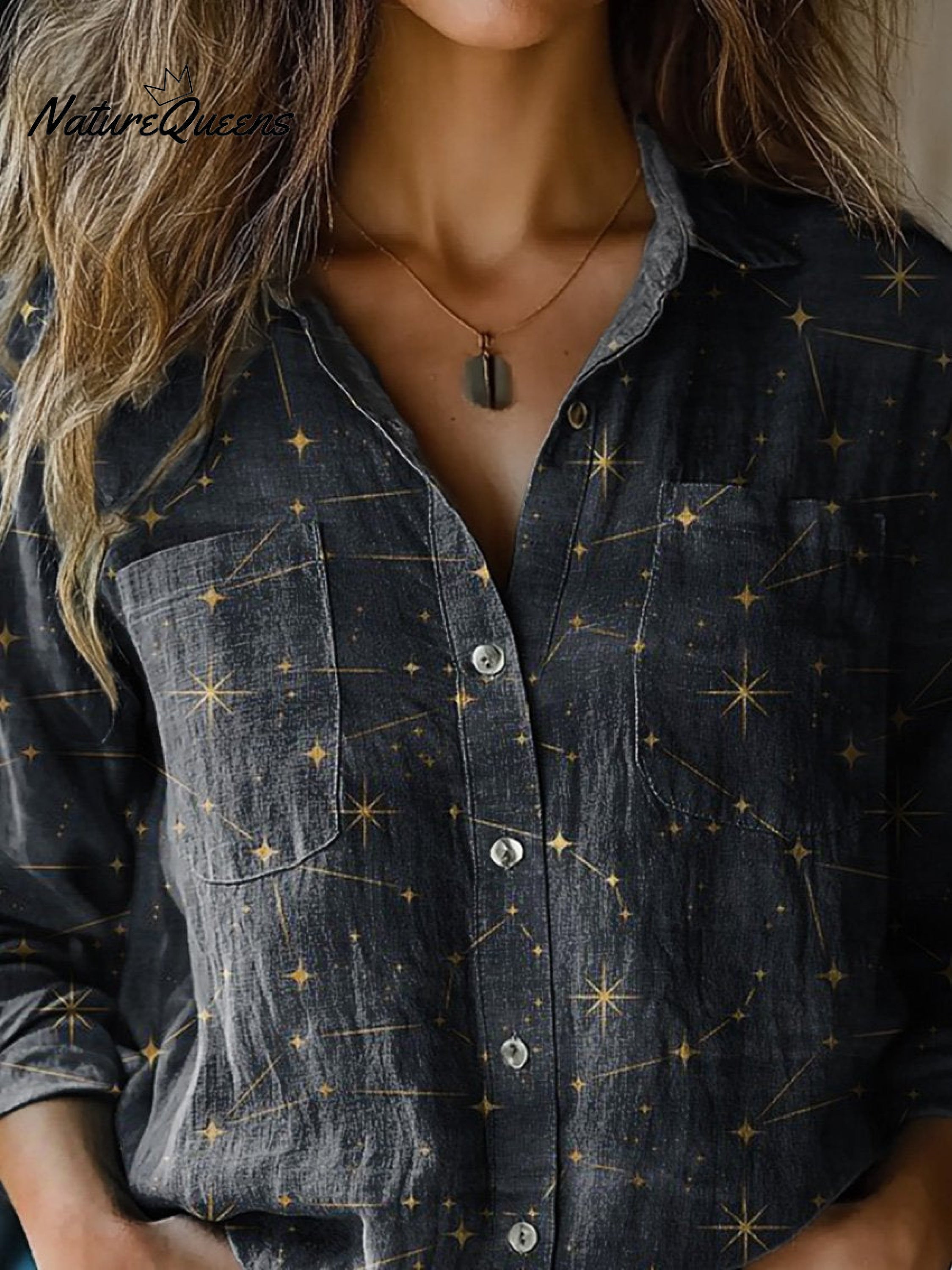 Chloe | Night Sky And Star Pattern Printed Women's Casual Long Sleeve Comfortable Cotton Shirt