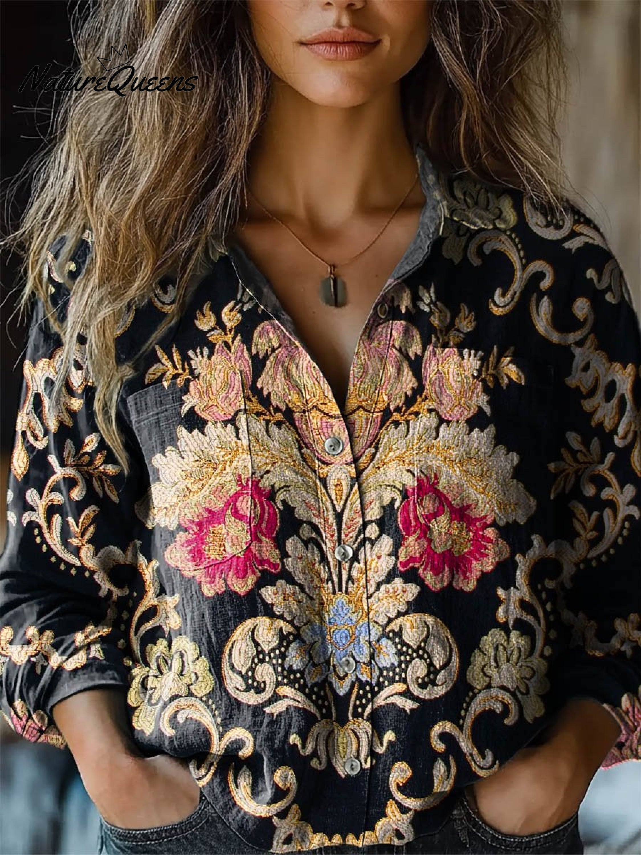 Kathleen | Women's Vintage Lovely Floral Art Print Casual Long Sleeve Comfortable Cotton Shirt