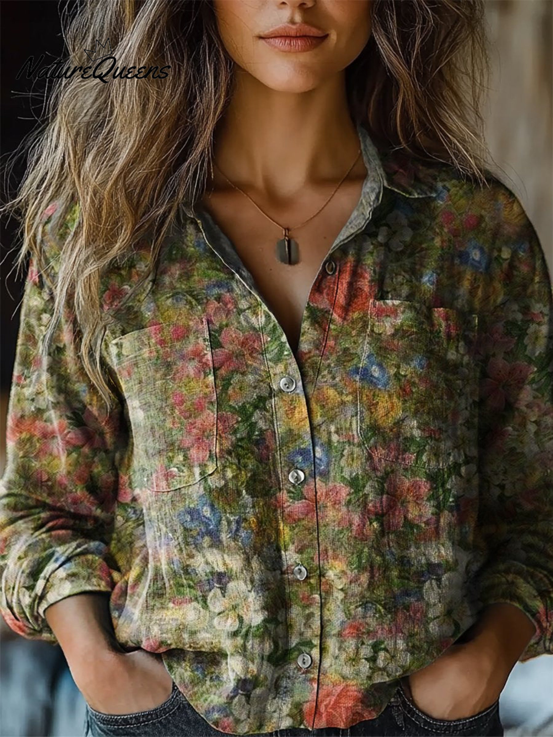 Michelle | Women's Vintage Folk Floral Art Print Long Sleeve Comfortable Cotton Shirt