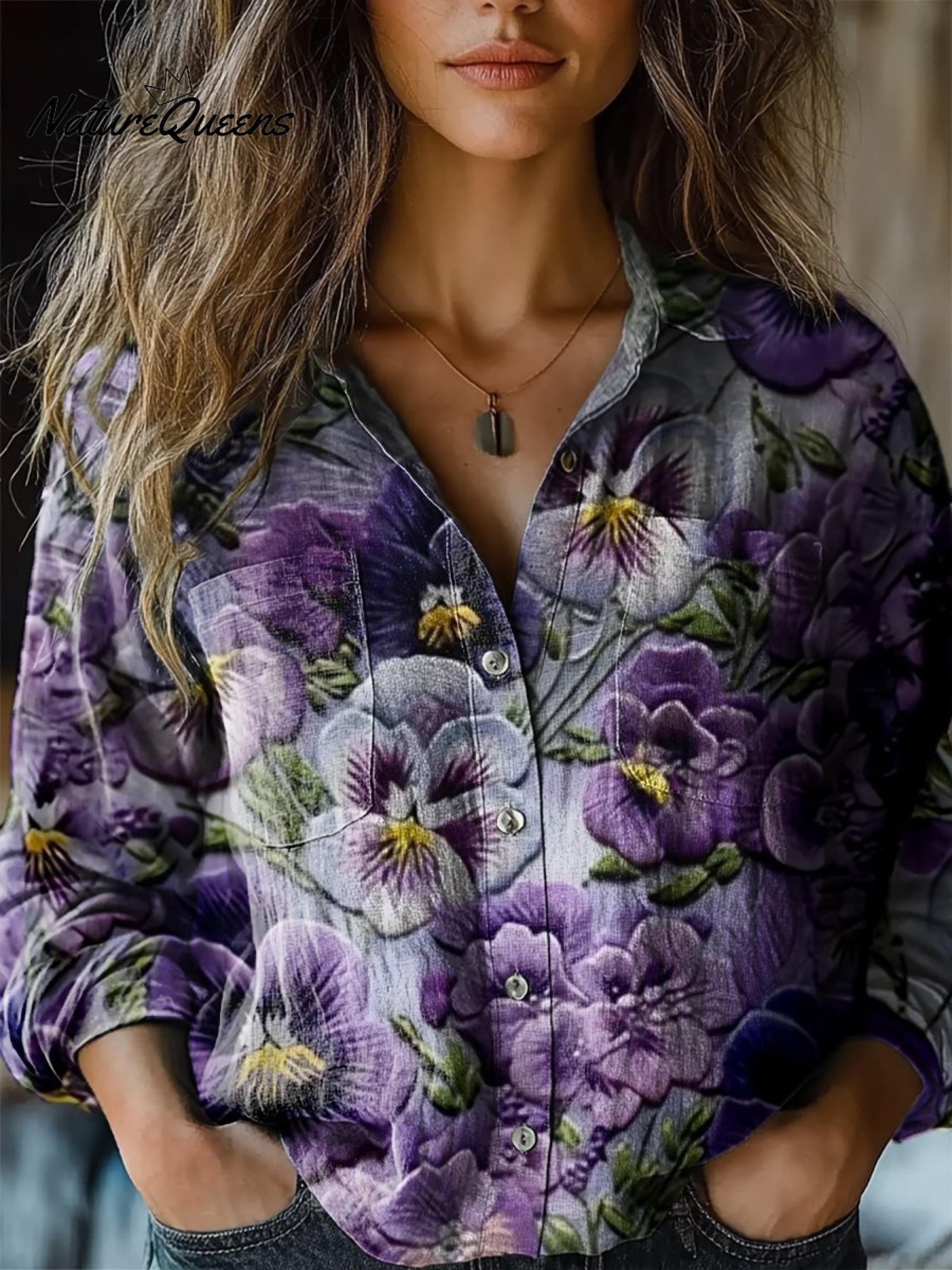 Stephanie | Purple Flowers Print Casual Long Sleeve Comfortable Cotton Shirt