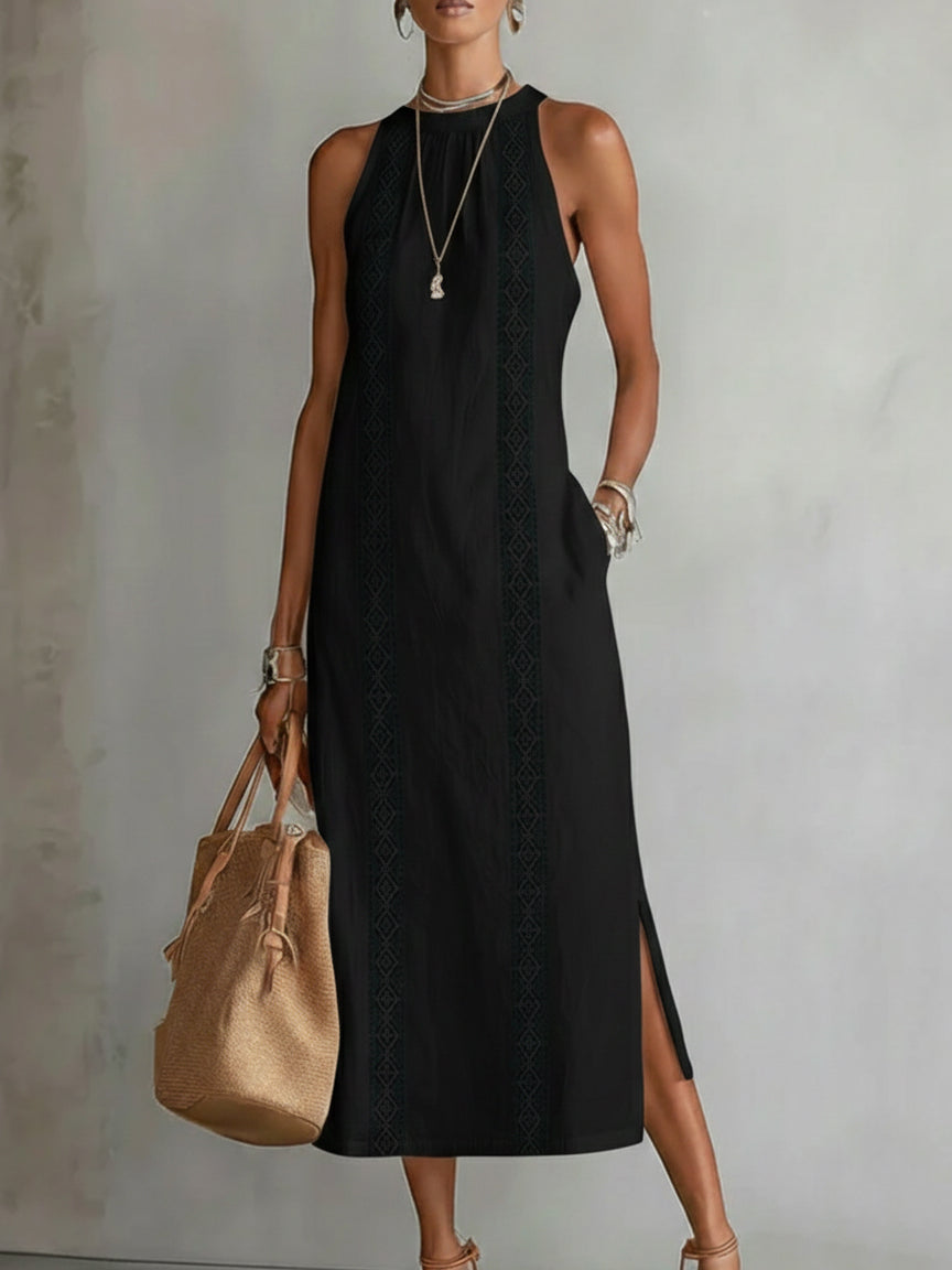 JIMENA | RELAXED EMBROIDERED MANDARIN COLLAR MIDI DRESS